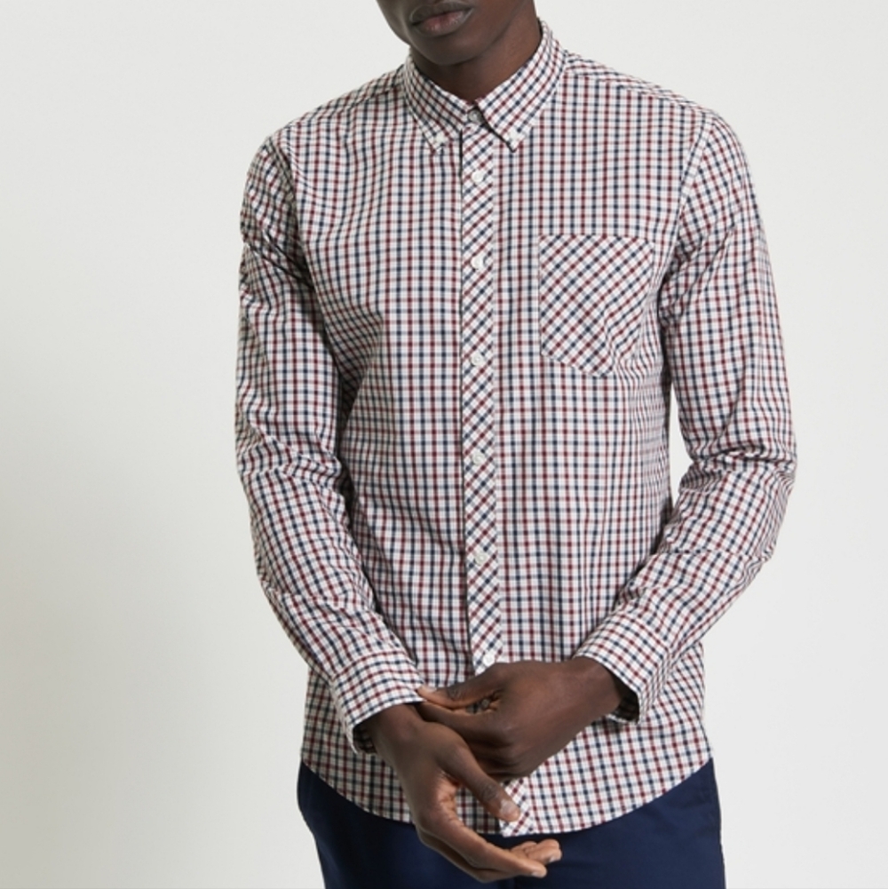 Ben Sherman Men's Reg Fit Signature House Check Stretch Shirt Red Blue Size L